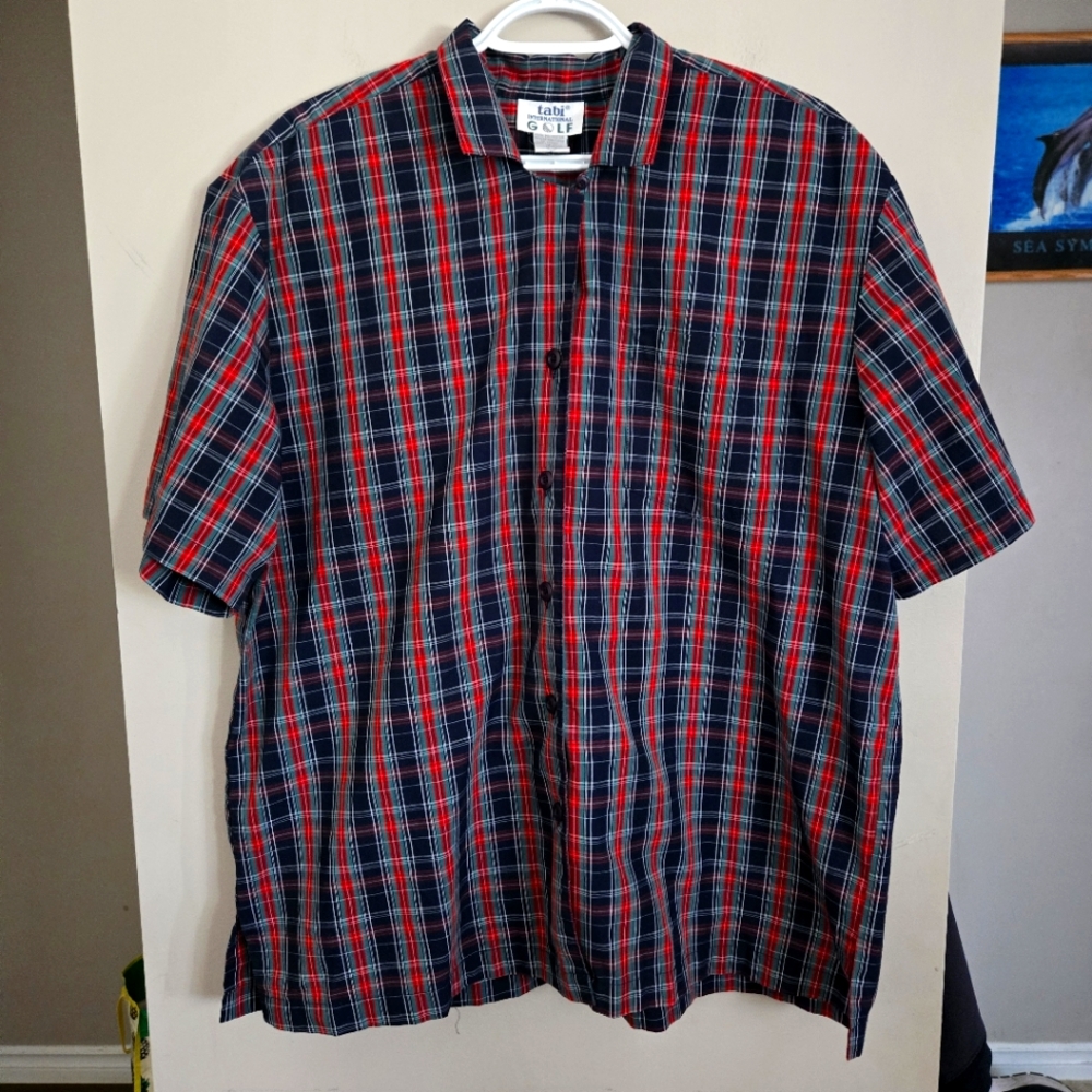 5 for $25 Tabi Golf Button Up Short Sleeve Men's Red and Blue Plaid Shirt 20